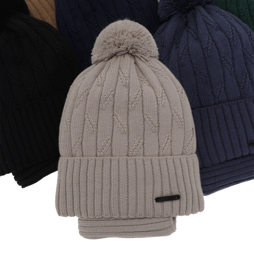 Ensemble d'hiver garçon: bonnet et snood, beige, avec pompon, avec laine mérinos, Talar