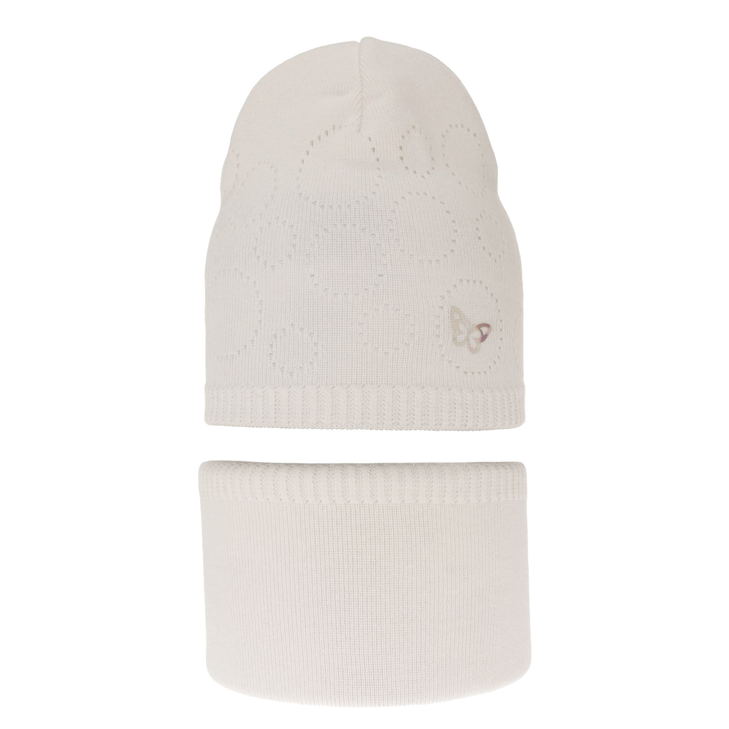 Ensemble automne/printemps fille: bonnet et snood, met katoen, crème, ajouré, Amarilla