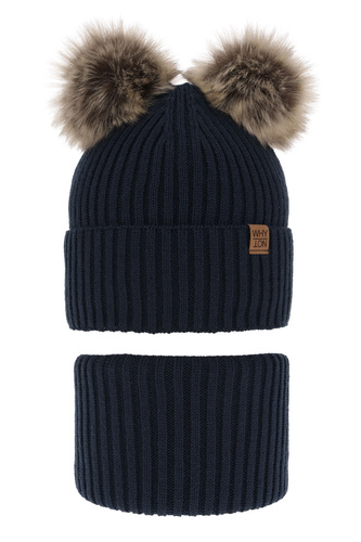 Ensemble d'hiver garçon: bonnet et snood, bleu marine, avec deux pompons, Oxford