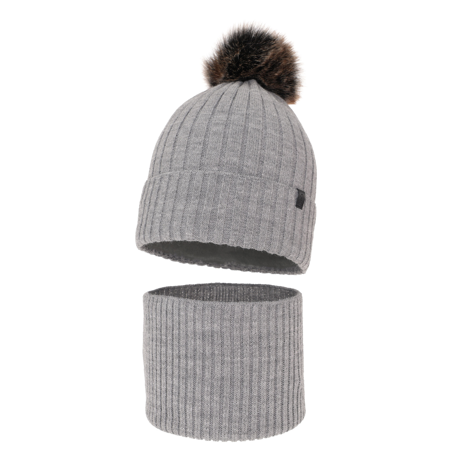 Ensemble d'hiver garçon: bonnet et snood, gris clair, avec pompon, Relax