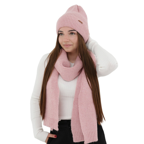 Dames winter set (muts en sjaal), roze, met merinowol, Seala