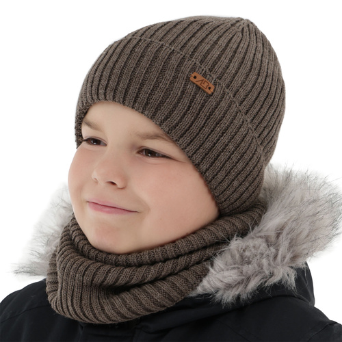 Ensemble d'hiver garçon: bonnet et snood, brun, avec laine mérinos, doublé de polaire, Palermo