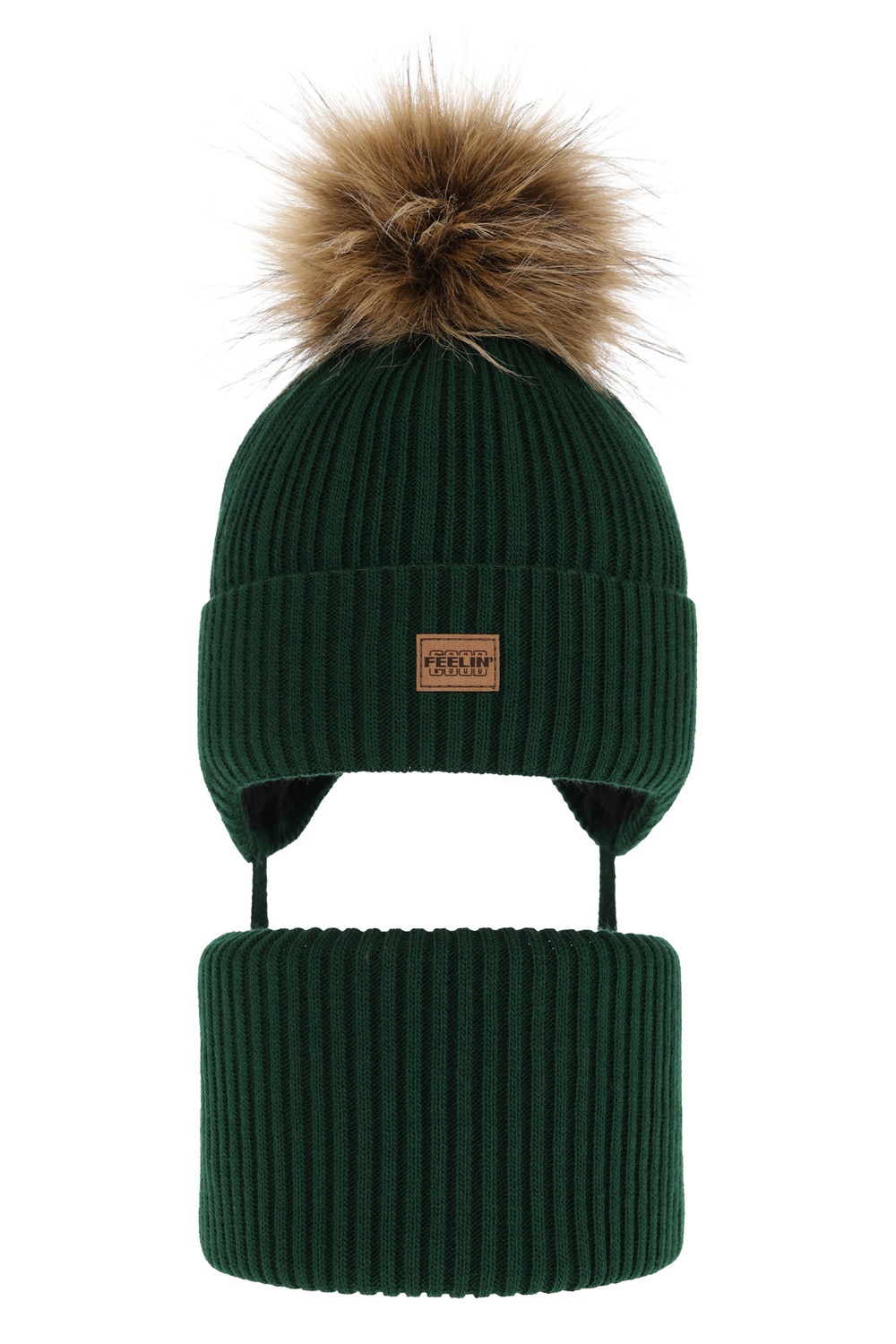 Ensemble d'hiver garçon: bonnet et snood, vert, avec pompon, avec liens, Eger