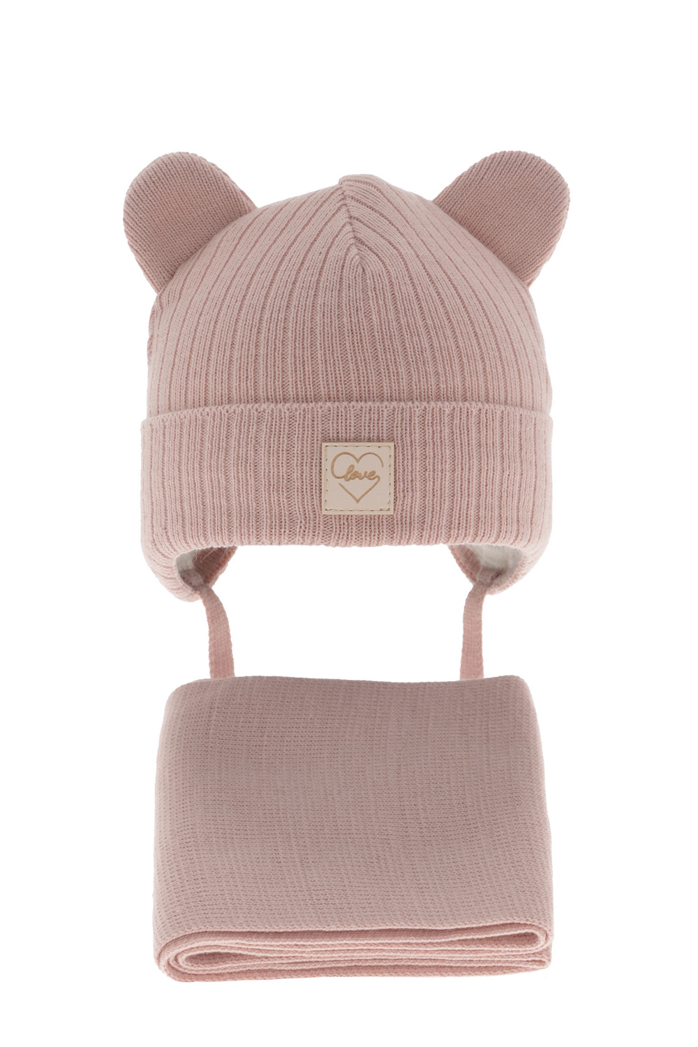 Ensemble d'hiver fille: bonnet et écharpe, rose, avec liens, Antola