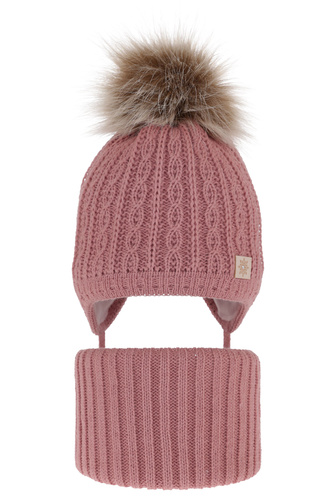 Ensemble d'hiver fille: bonnet et snood, rose, avec pompon, Passa
