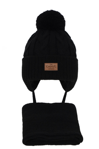 Jongens winter set muts en sjaal, zwart, met garen pompon, met bindkoorden, Remix
