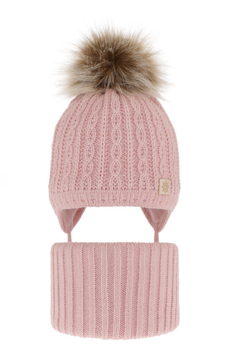 Ensemble d'hiver fille: bonnet et snood, rose, avec pompon, avec liens, Passa