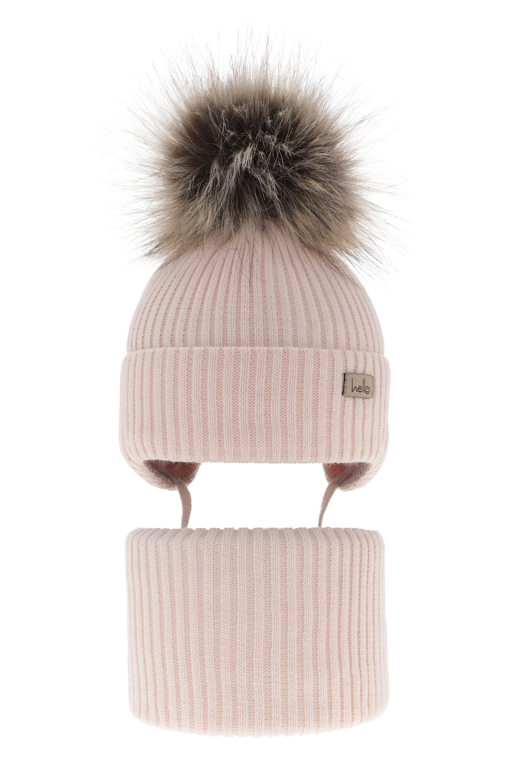 Ensemble d'hiver fille: bonnet et snood, rose clair, avec pompon, avec liens, Bria
