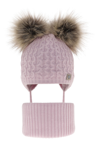 Ensemble d'hiver fille: bonnet et snood, lilas, avec deux pompons, avec liens, Poliana