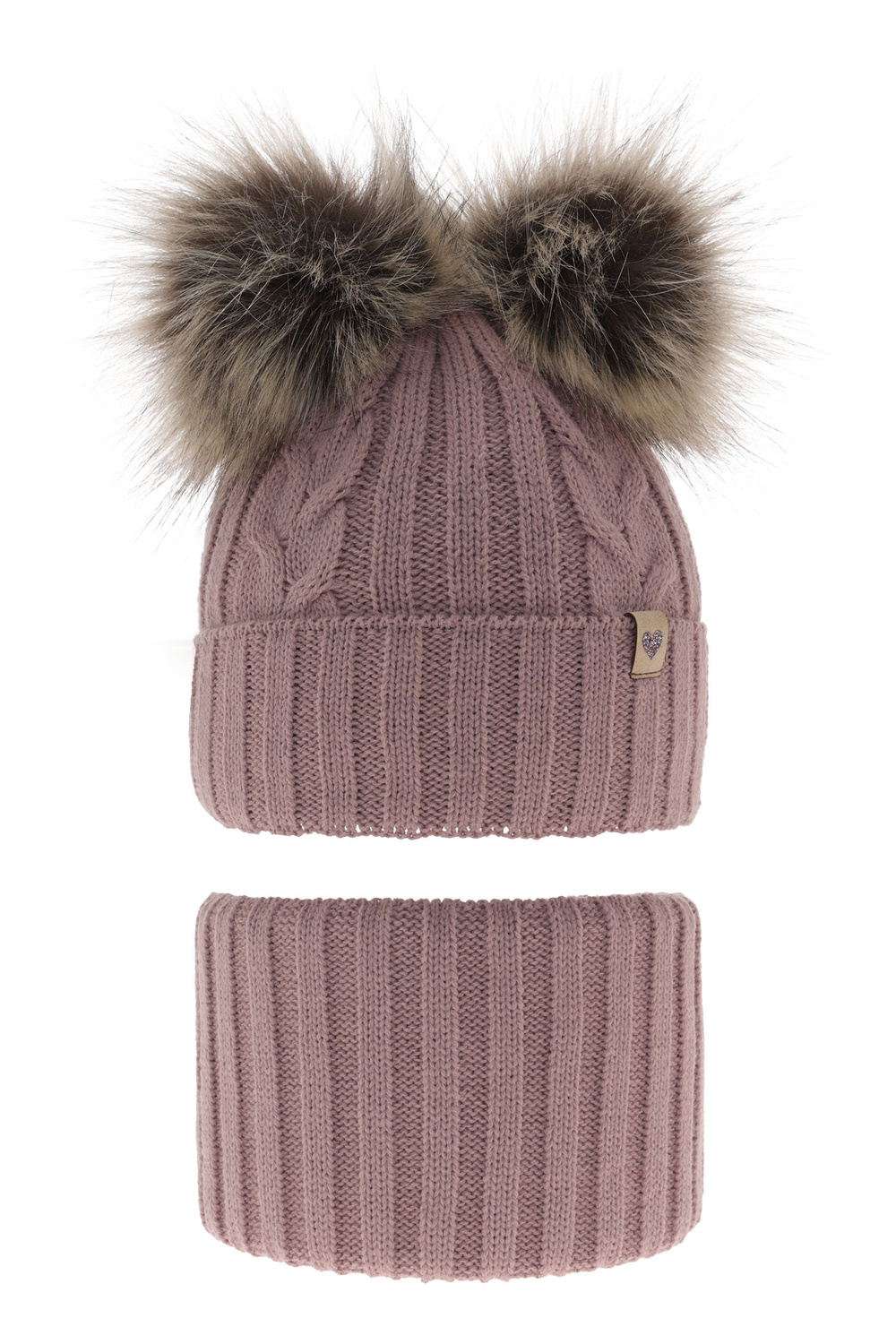 Ensemble d'hiver fille: bonnet et snood, violet, avec deux pompons, Amala