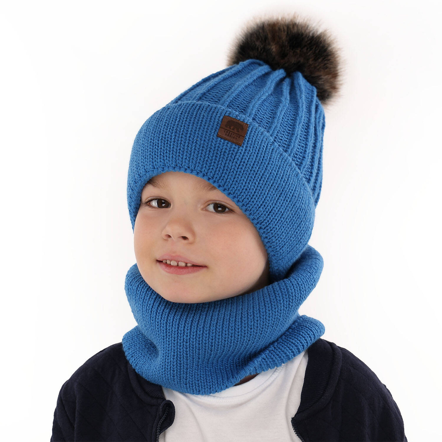 Ensemble d'hiver garçon: bonnet et snood, camel, avec pompon, Havier