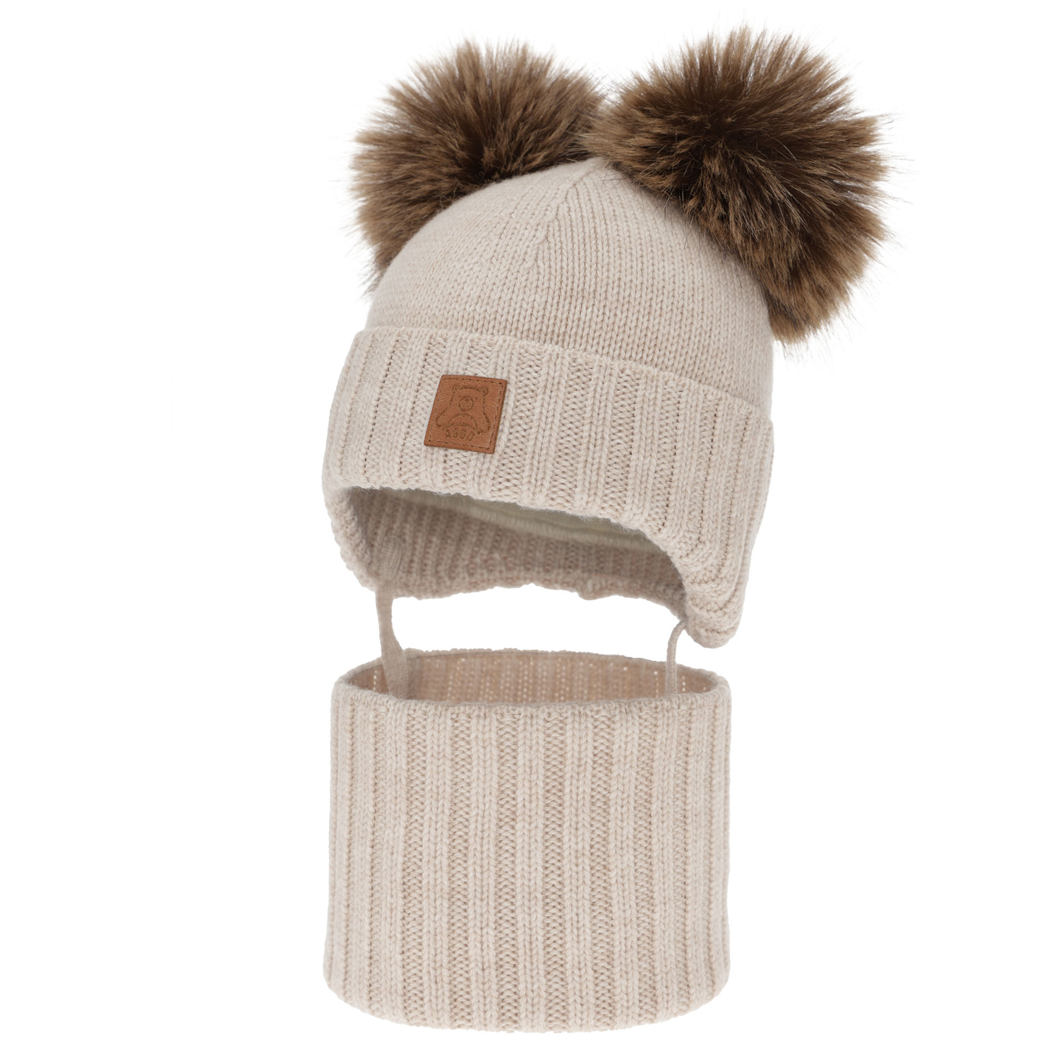 Jongens muts en col, winter set, lichtbeige, 100% merinowol, gevoerd met wollen fleece, Ronik
