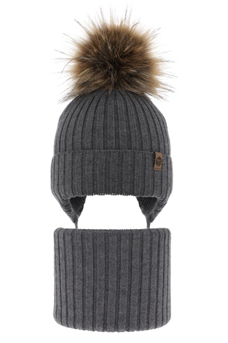 Ensemble d'hiver garçon: bonnet et snood, gris, avec liens, 100% Laine Mérinos Extrafine, Juno