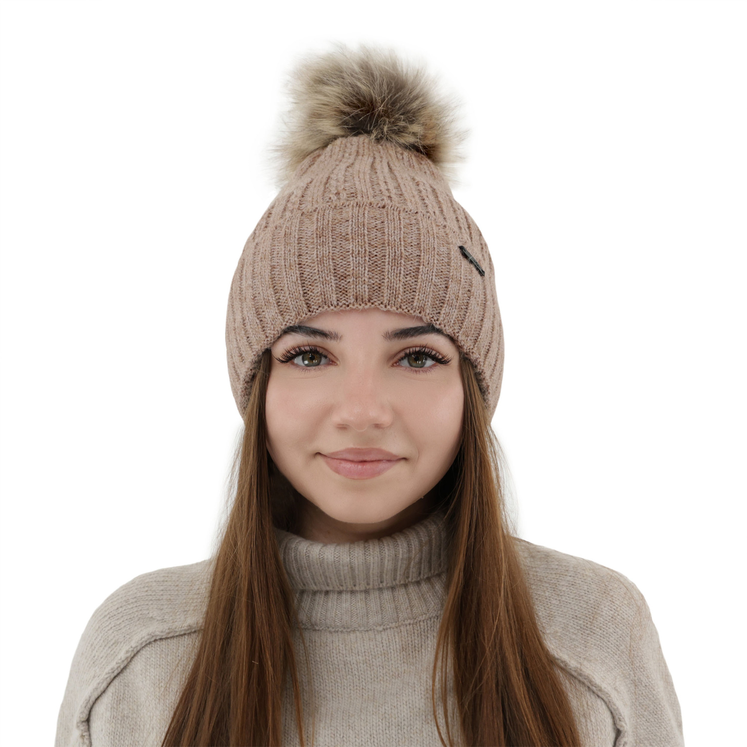 Bonnet d'hiver femme, beige, avec pompon, Karizma
