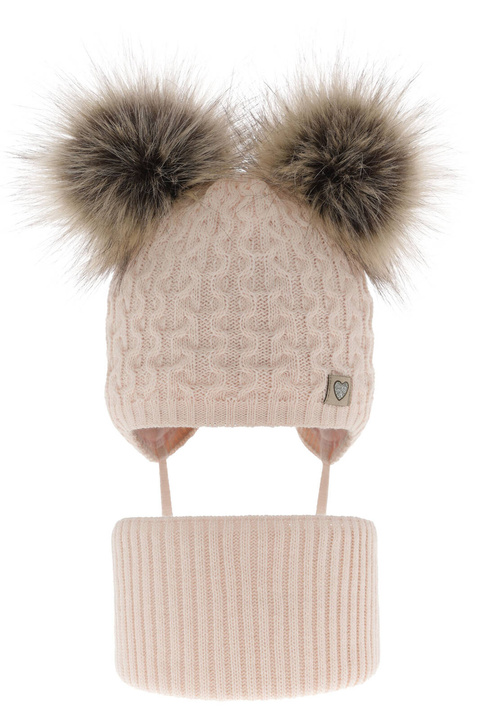 Ensemble d'hiver fille: bonnet et snood, rose clair, avec deux pompons, Poliana