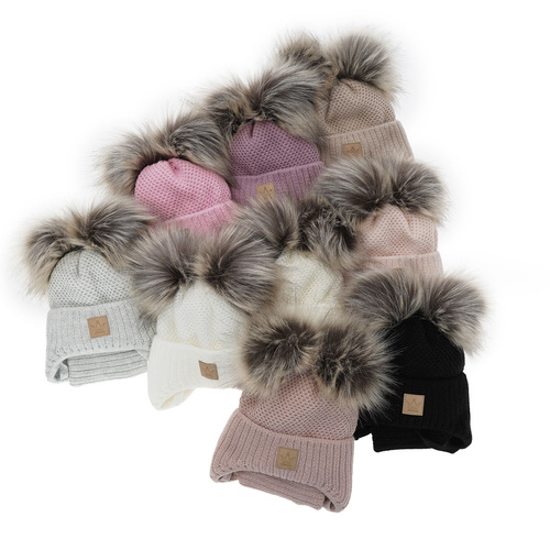Meisjes winter set muts en buissjaal, roze, met twee pompons, met bindkoorden, Minsi