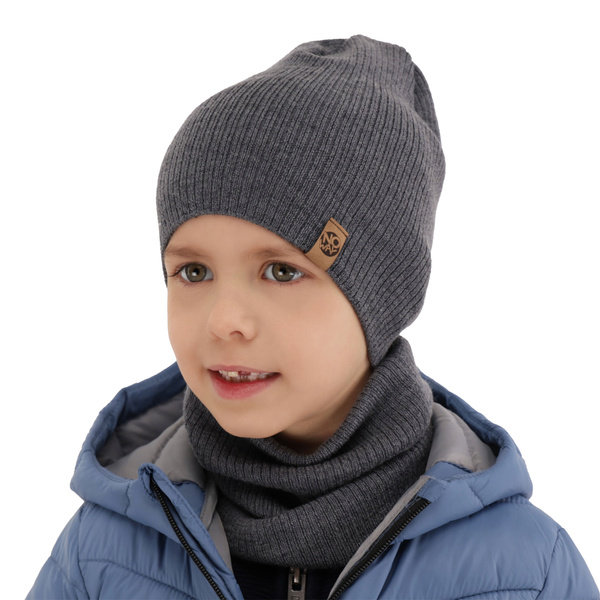Ensemble automne/printemps garçon: bonnet et snood, gris, avec laine mérinos, Richi