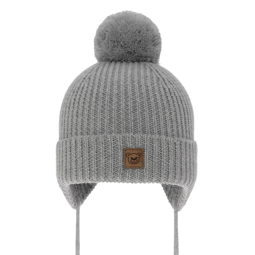 Bonnet d'hiver garçon, gris, avec laine mérinos, doublé de polaire, avec liens, Tofik