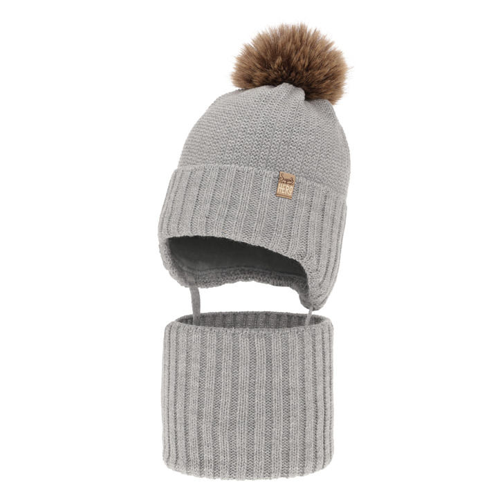 Ensemble d'hiver garçon: bonnet et snood, gris, avec pompon, Kayen
