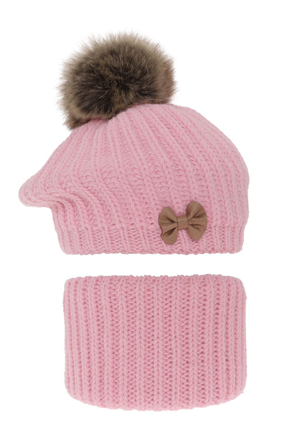 Ensemble d'hiver fille: beret et snood, rose, avec pompon, Polinezja