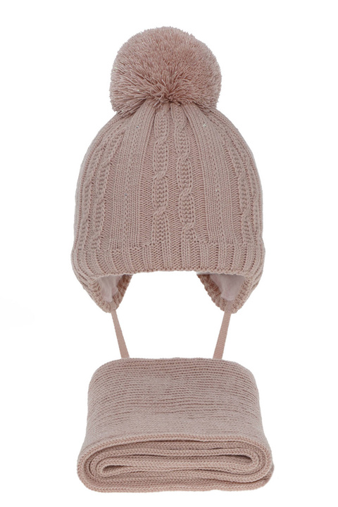 Meisjes winter set muts en sjaal, roze, met garen pompon, Candy