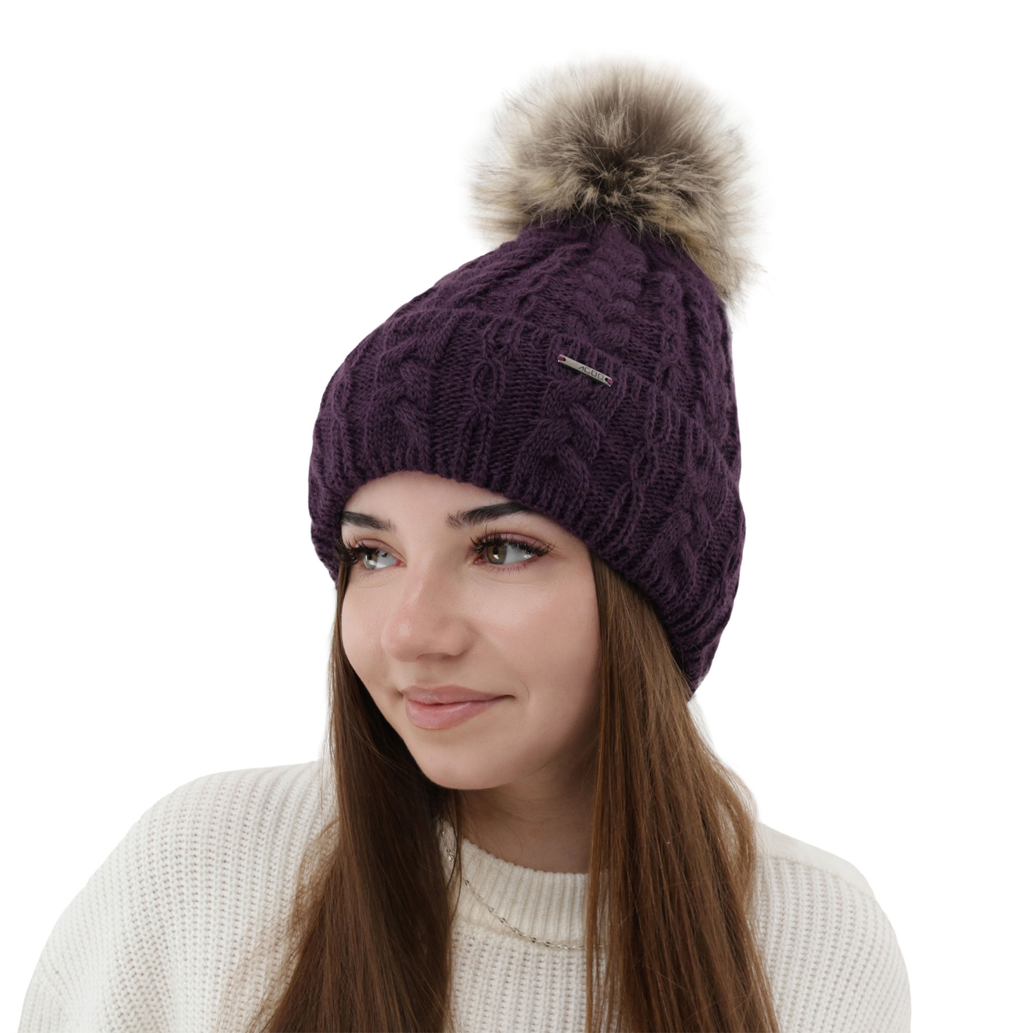 Bonnet d'hiver femme, hiver, wrzosowa, avec pompon, Omega