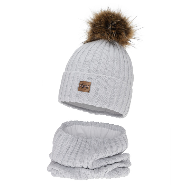 Meisjes winter set (muts en buissjaal), grijs, gevoerd met fleece, met merinowol, Bellina