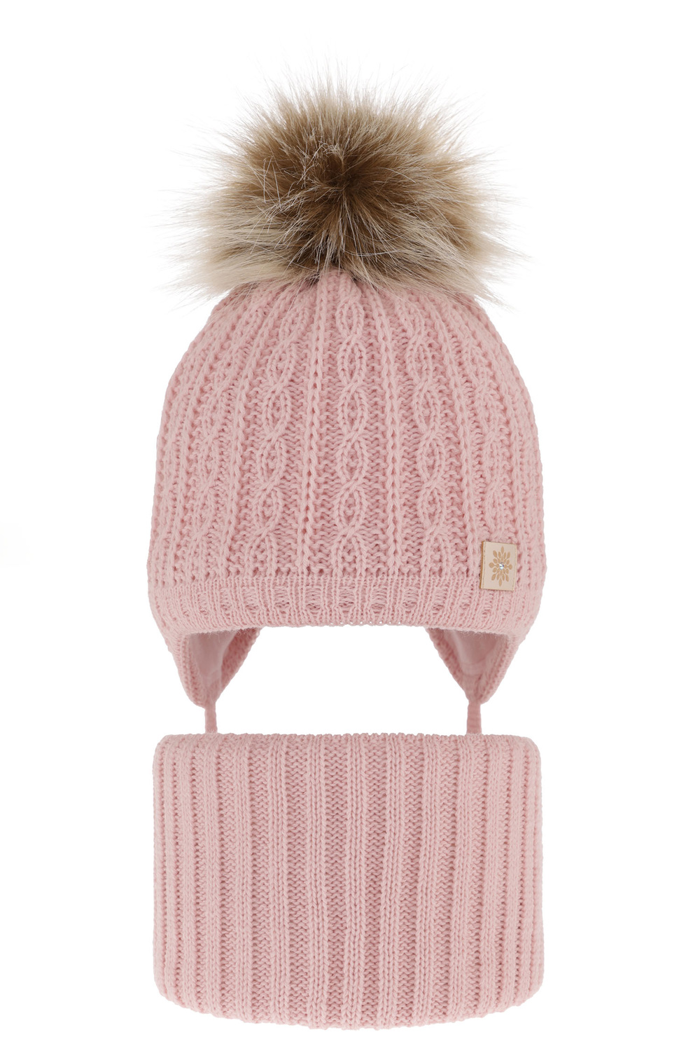 Ensemble d'hiver fille: bonnet et snood, rose, avec pompon, avec liens, Passa