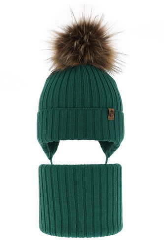 Ensemble d'hiver garçon: bonnet et snood, vert, avec laine mérinos, avec liens, Juno