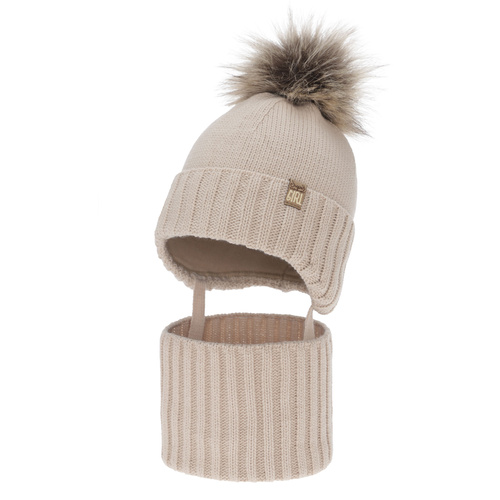 Meisjes winter set (muts en buissjaal), beige, met pompon, Primula