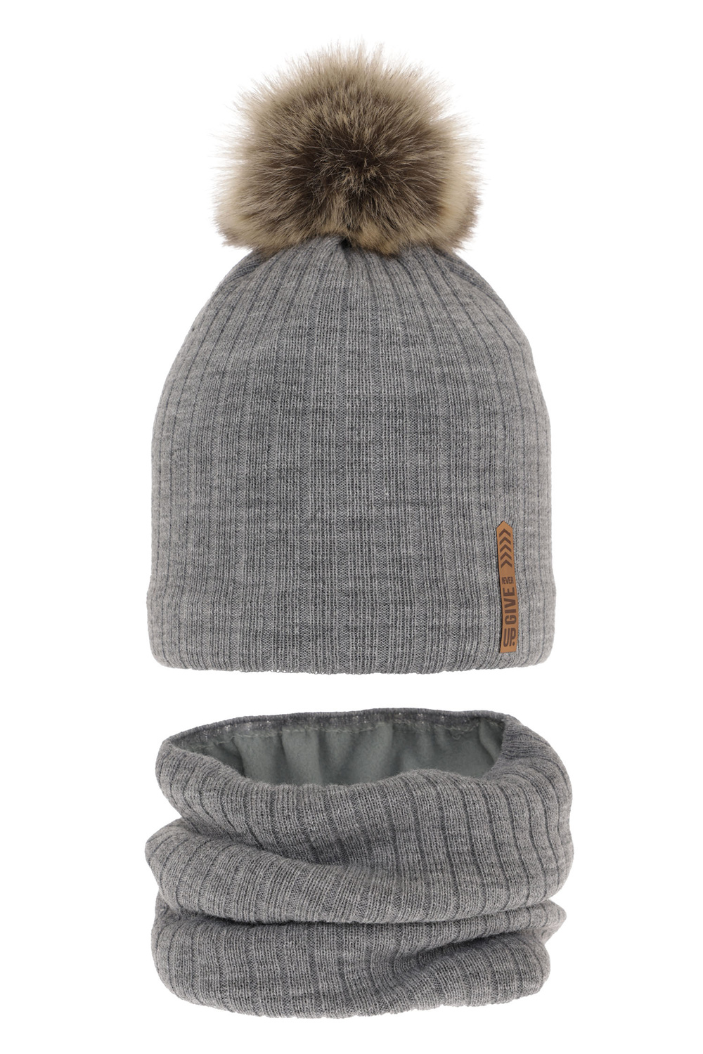 Ensemble d'hiver garçon: bonnet et snood, gris, avec pompon, Kalen