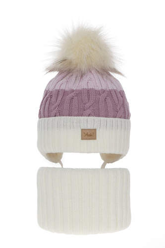 Meisjes winter set muts en buissjaal, crème, met garen pompon, Riviera