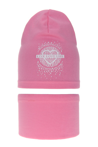 Meisjes herfst/lente set muts en buissjaal, roze, katoenen, Esmeralda
