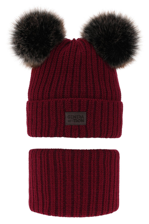 Ensemble d'hiver garçon: bonnet et snood, rouge, avec deux pompons, Tokio