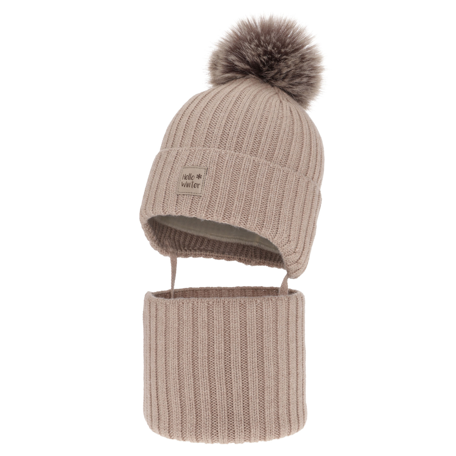 Ensemble d'hiver garçon: bonnet et snood, beige, avec laine mérinos, doublé de polaire, Morti