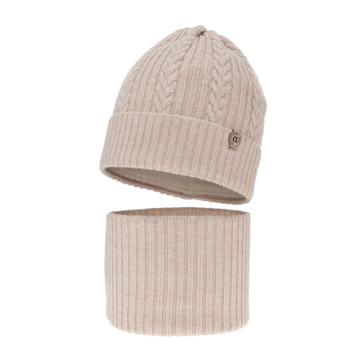Ensemble d'hiver fille: bonnet et snood, beige, avec laine mérinos, Jenny