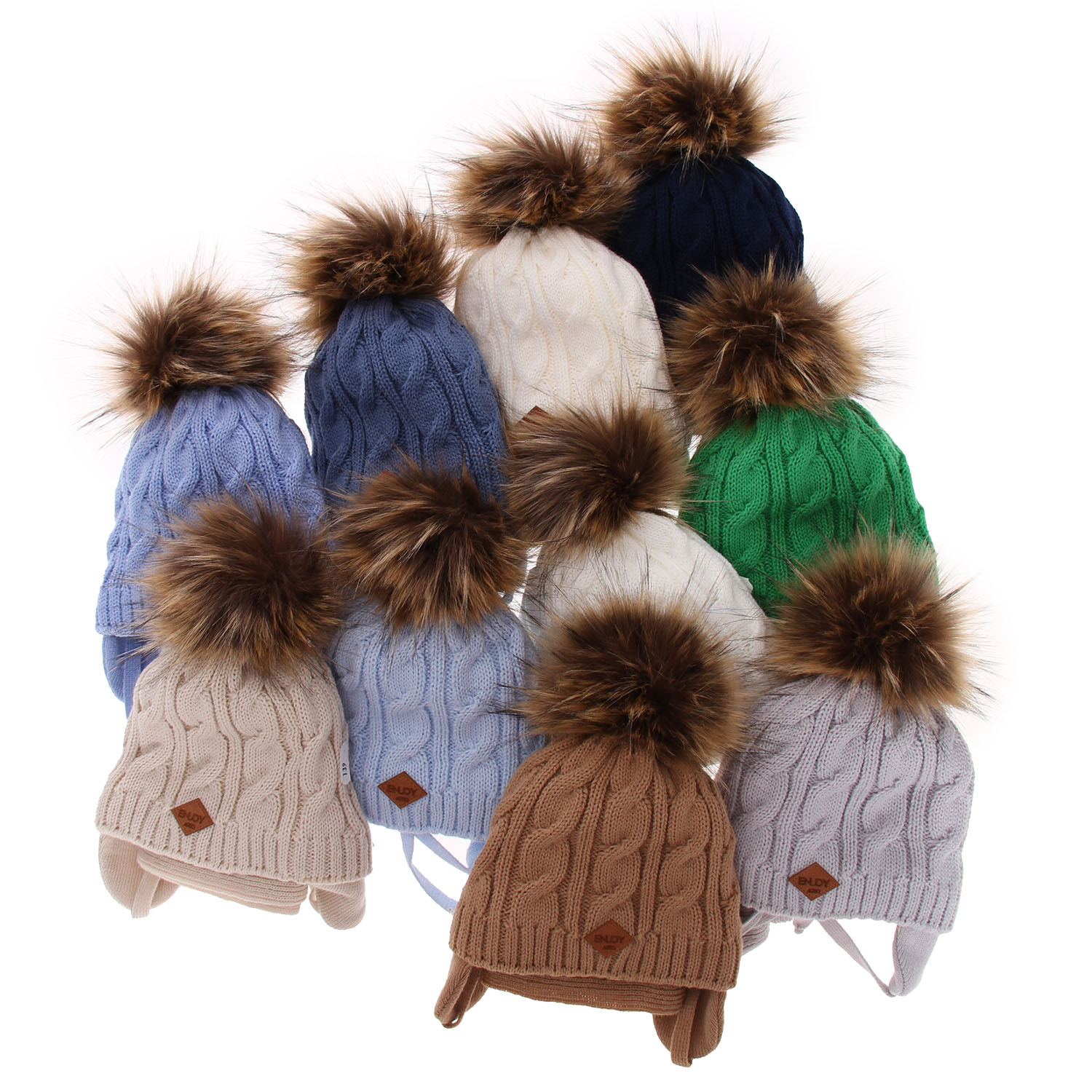 Jongens winter set muts en sjaal, lichtblauw, met garen pompon, met bindkoorden, Minor