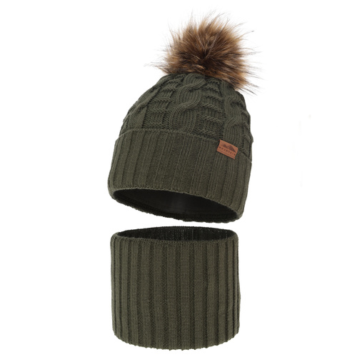 Ensemble d'hiver garçon: bonnet et snood, khaki, avec pompon, Cent