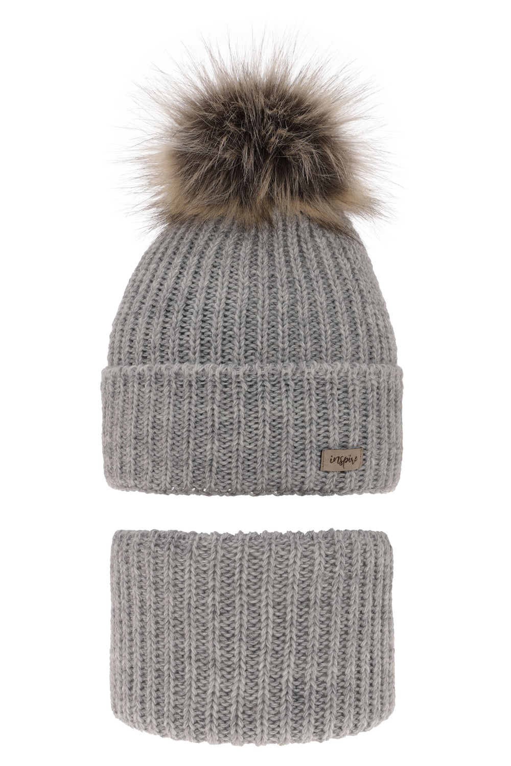 Ensemble d'hiver fille: bonnet et snood, gris, avec pompon, Willow