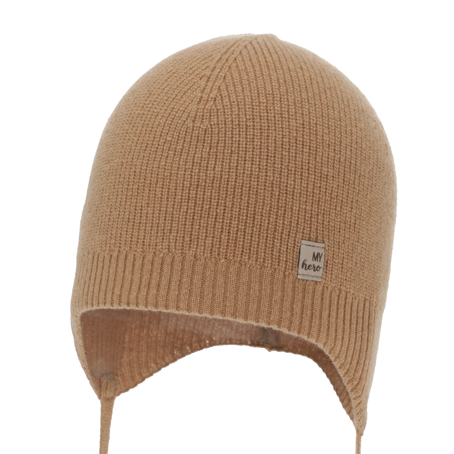 Jongens herfst/lente muts, camel, met merinowol, met bindkoorden, Tono