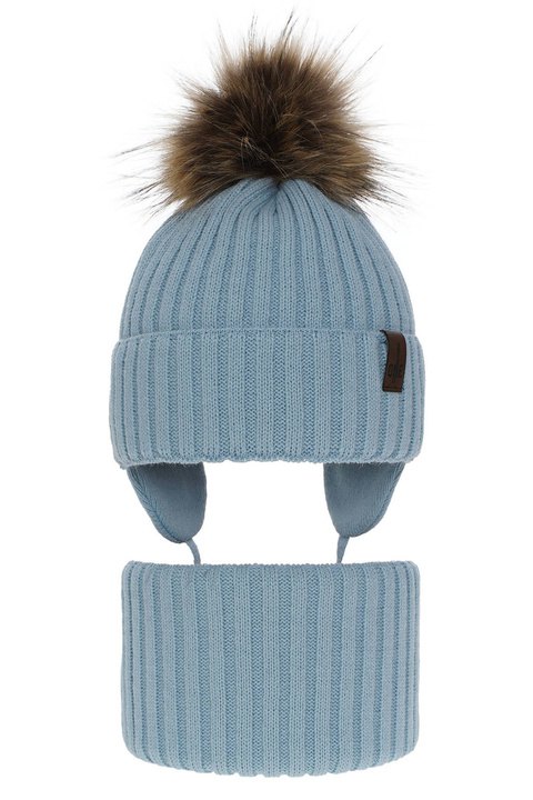 Jongens winter set muts en sjaal, blauw, met garen pompon, Puzel