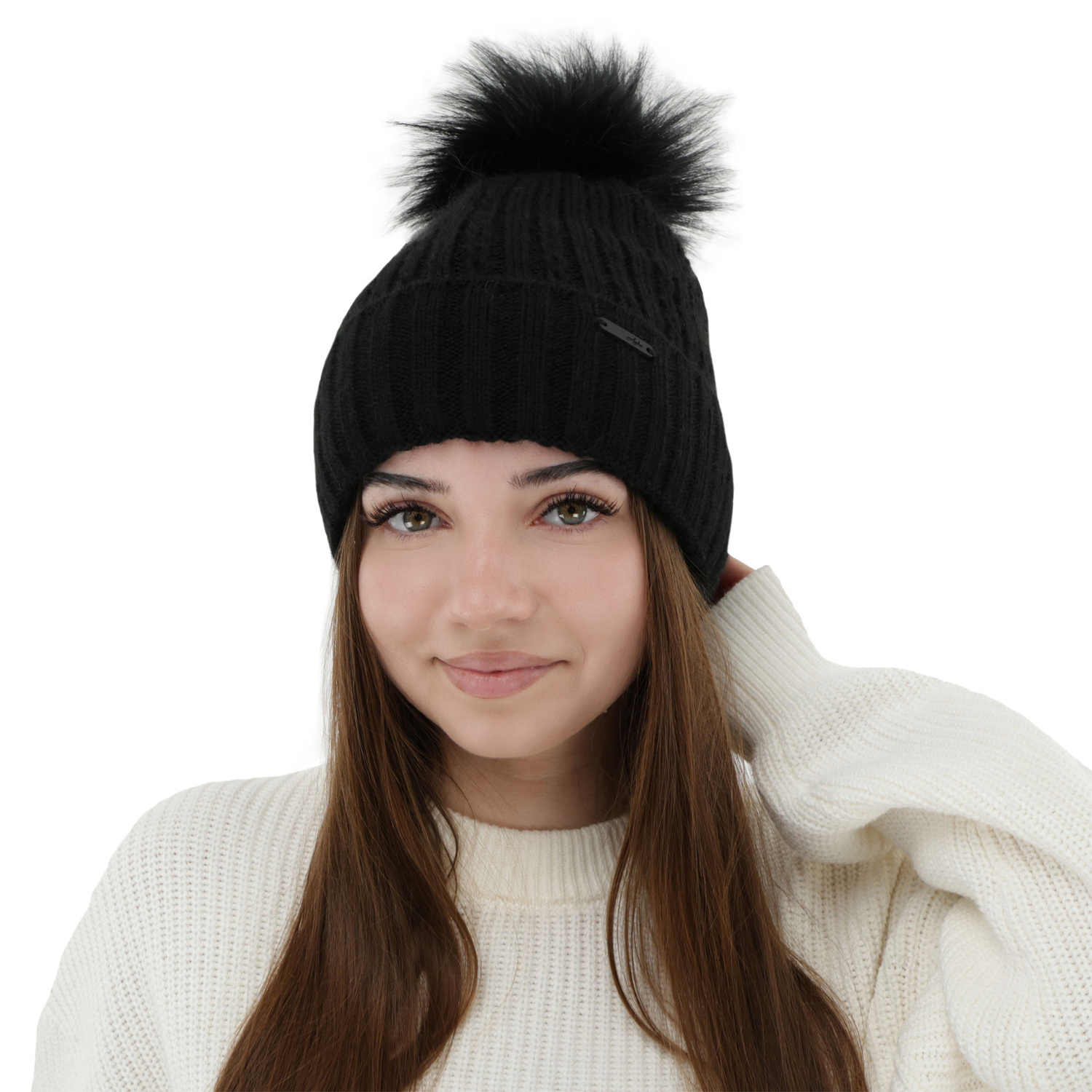 Bonnet d'hiver femme, gris, avec pompon, Karizma