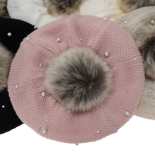 Meisjes winter set: beret en buissjaal, gevoerd met fleece, beige, met pompon, Jeanette