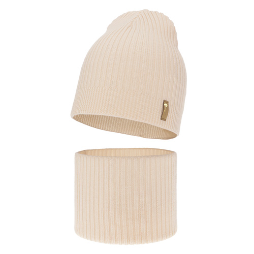 Ensemble automne/printemps fille: bonnet et snood, rose clair, avec laine mérinos, Chelsie