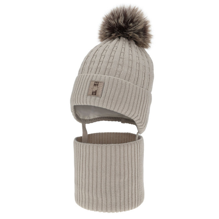 Ensemble d'hiver garçon: bonnet et snood, beige, avec pompon, Fiamanto