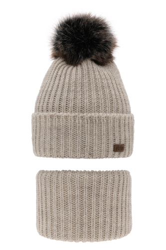 Ensemble d'hiver garçon: bonnet et snood, beige, avec pompon, Wonder