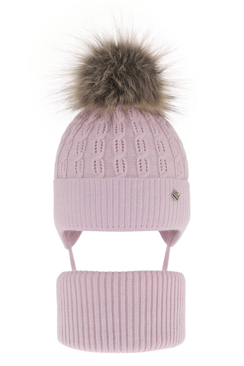 Ensemble d'hiver fille: bonnet et snood, lila, avec pompon, avec liens, Tukana