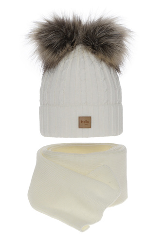 Ensemble d'hiver fille: bonnet et écharpe, crème, avec deux pompons, Zenda
