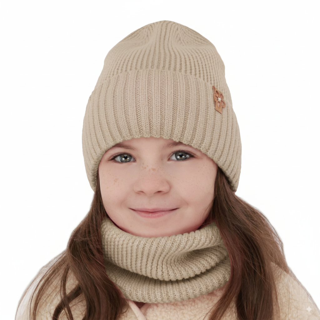 Ensemble d'hiver fille: bonnet et snood, beige, avec laine mérinos, Nelita