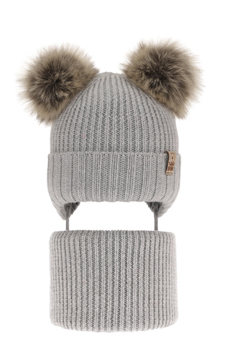 Ensemble d'hiver garçon: bonnet et snood, gris, avec liens, 100% Laine Mérinos Extrafine, Konor